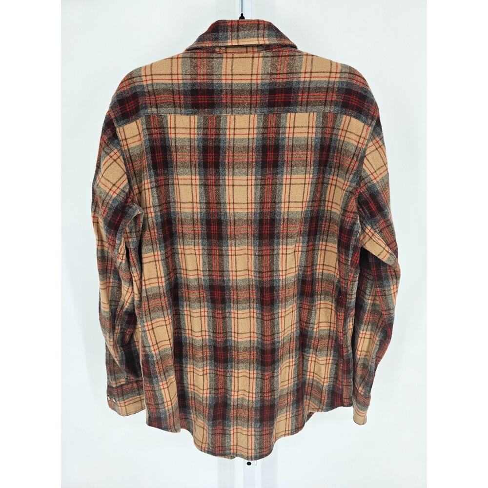 Vintage St Johns Bay Men Sz LT 100% Wool Button Up Shirt Shacket Brown Tan Plaid - Picture 6 of 6